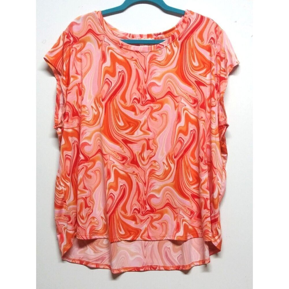 Ava James 3X Blouse orange beige swirl print cap sleeve stretch pullover comfy